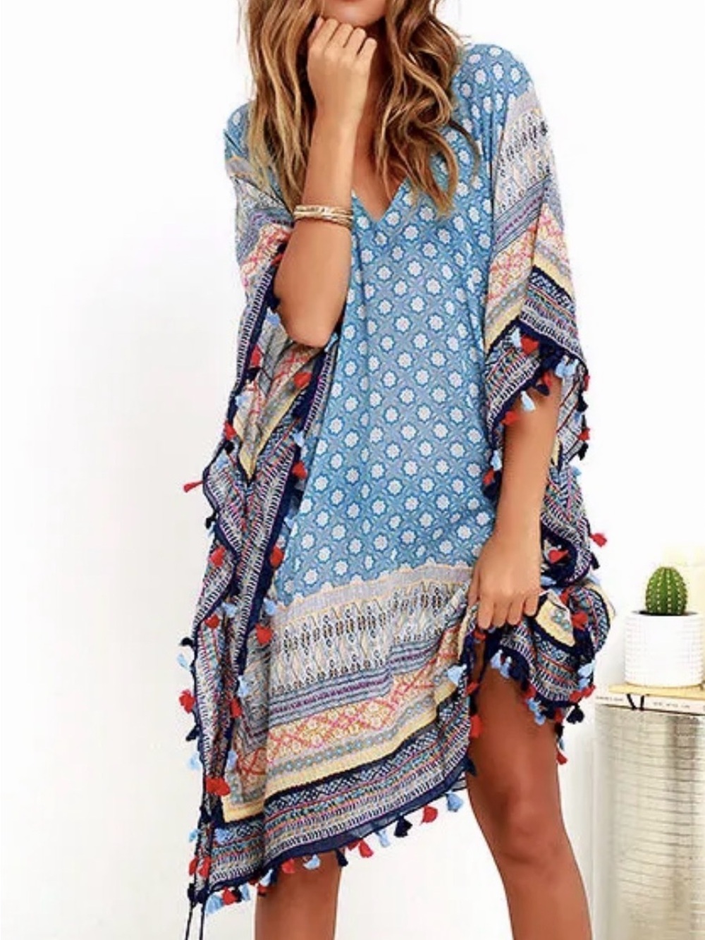 Lovestitch Blue Patterned Women's Swim Cover-Up Kaftan- One Size